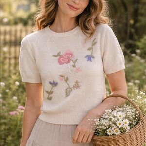 Vintage Alfred Dunner Embroidered Floral Sweater Cottagecore Cream Knit Size L